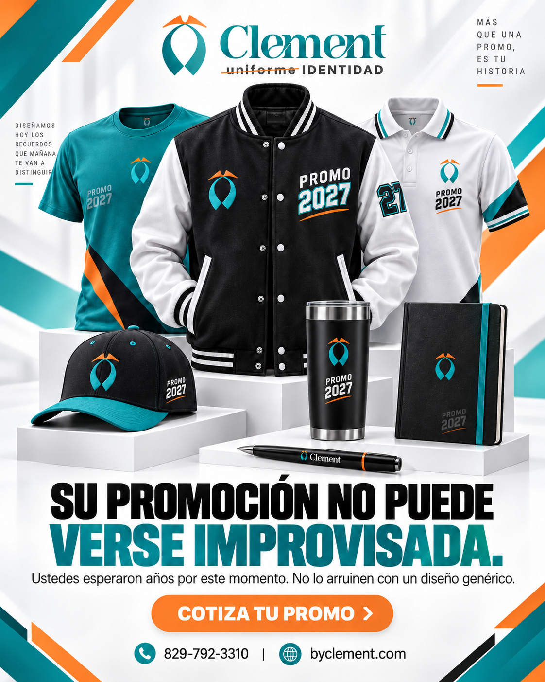 Colección de promoción escolar Clement con chaqueta, camisetas, gorra, termo y libreta