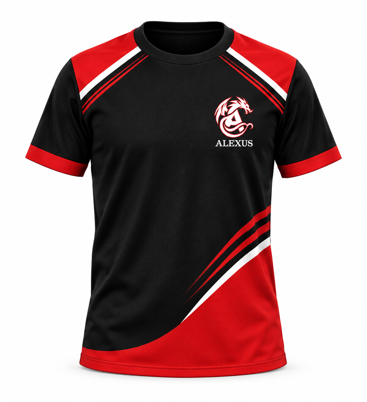 Camiseta de promoción Alexus negra, roja y blanca