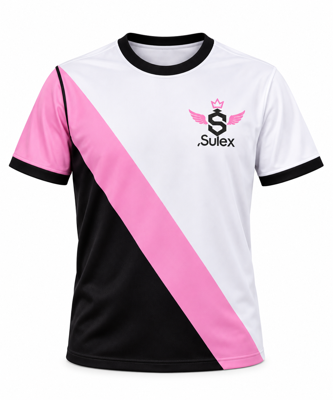 Camiseta de promoción Sulex negra, blanca y rosada