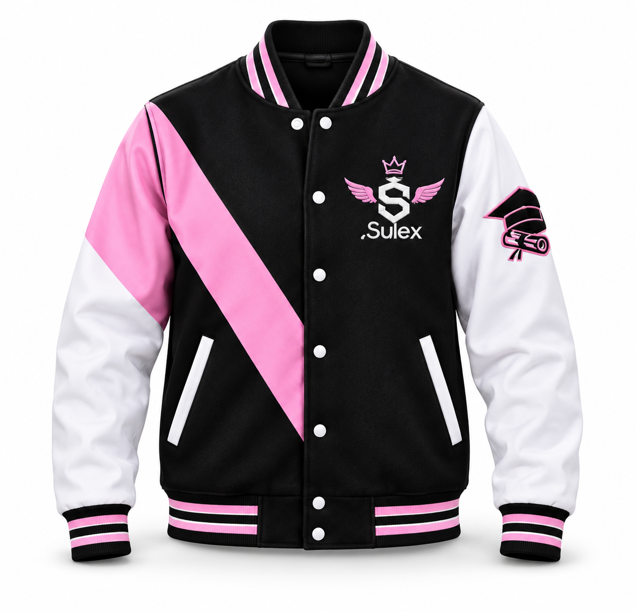 Chaqueta de promoción Sulex negra, blanca y rosada