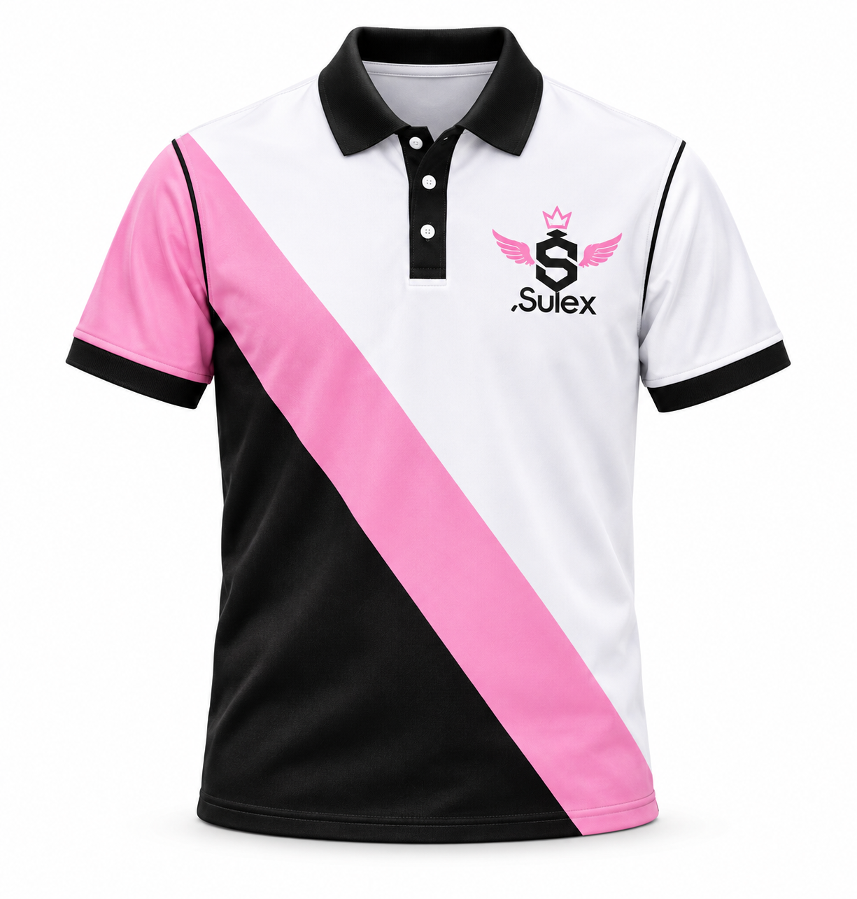 Polo de promoción Sulex negro, blanco y rosado